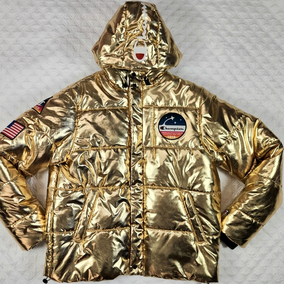 Champion x NASA Gold Metallic Hooded Puffer Jacket - Men's Size Large L - Picture 3 of 11